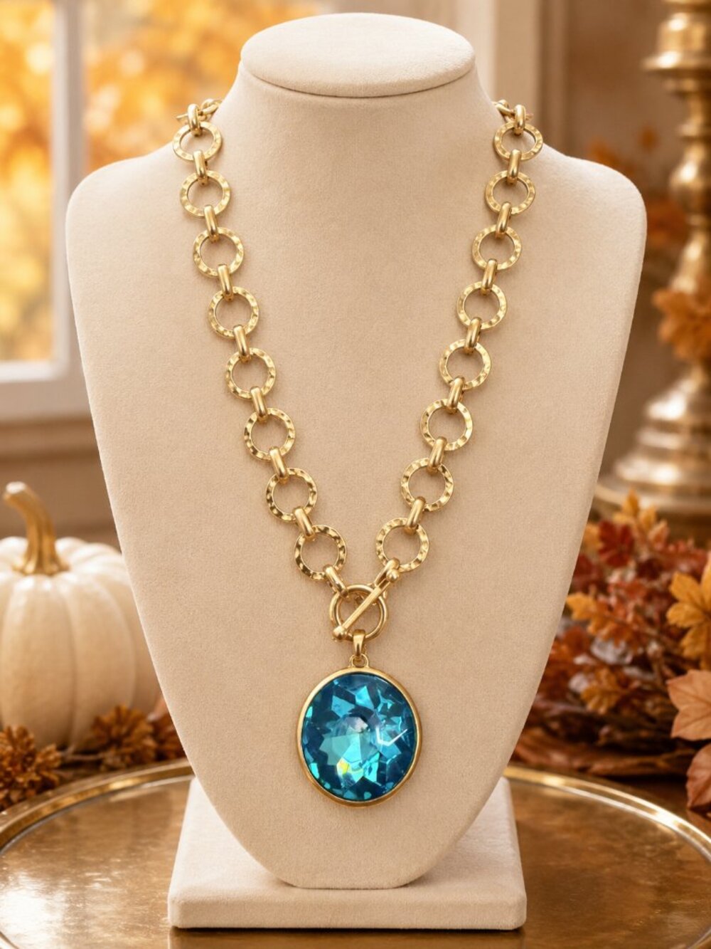 Turquoise Blue Crystal Pendant Necklace, Gold Tone Toggle Necklace, Statement